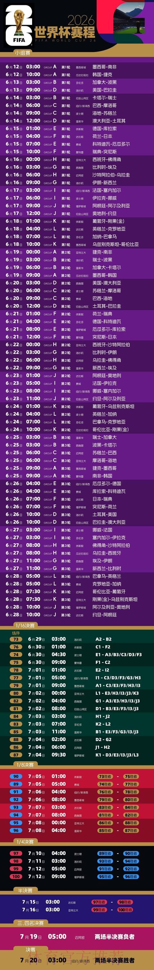2026世界杯比赛时间最新完整安排直播平台